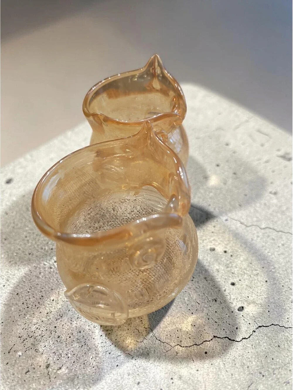 Set of 2 Amber Iridescent Crackle Glass Owl Votive Tealight Holders Pier